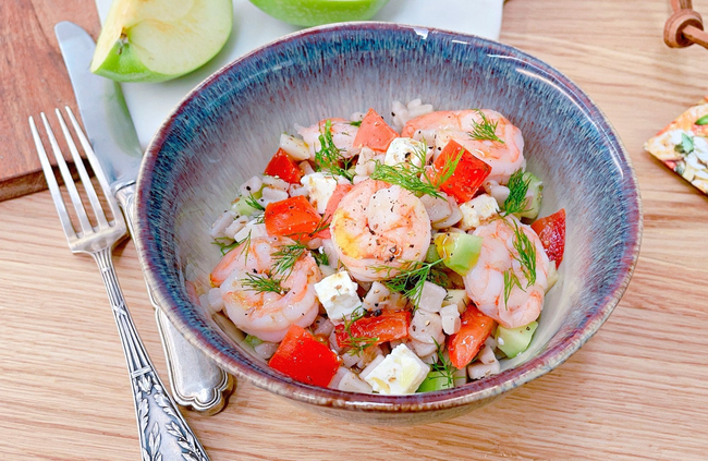 Recette Salade de crozets aux crevettes et à la feta, plaisir de cuisiner au quotidien.