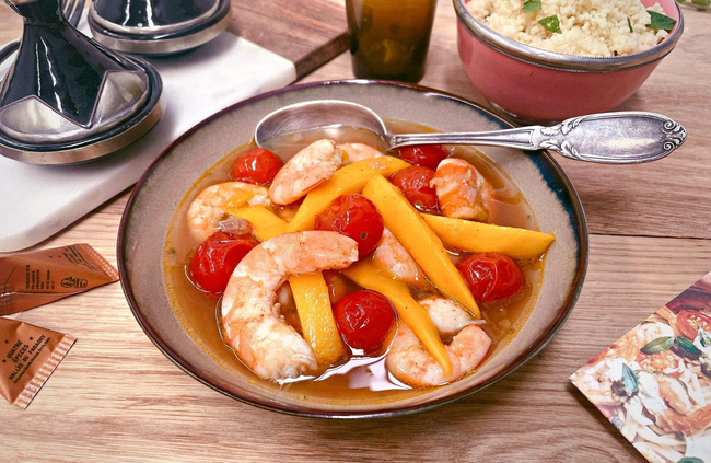 Recette Crevettes décortiquées tomate cerise-mangue - Couscous, plaisir de cuisiner au quotidien.